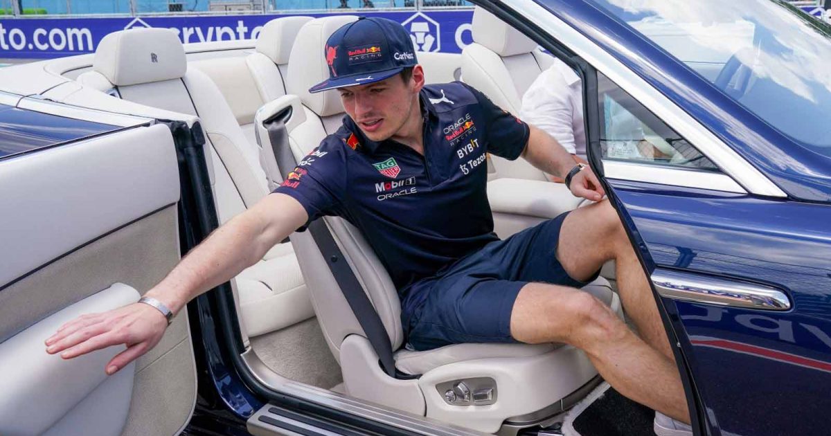Max Verstappen exits his car. Miami May 2022.