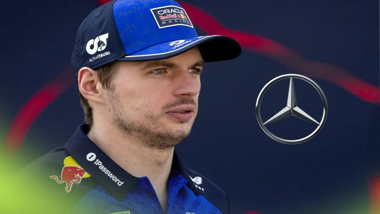 Max Verstappen, Red Bull, pictured at Bahrain 2026 testing, as a Mercedes logo appears on the right