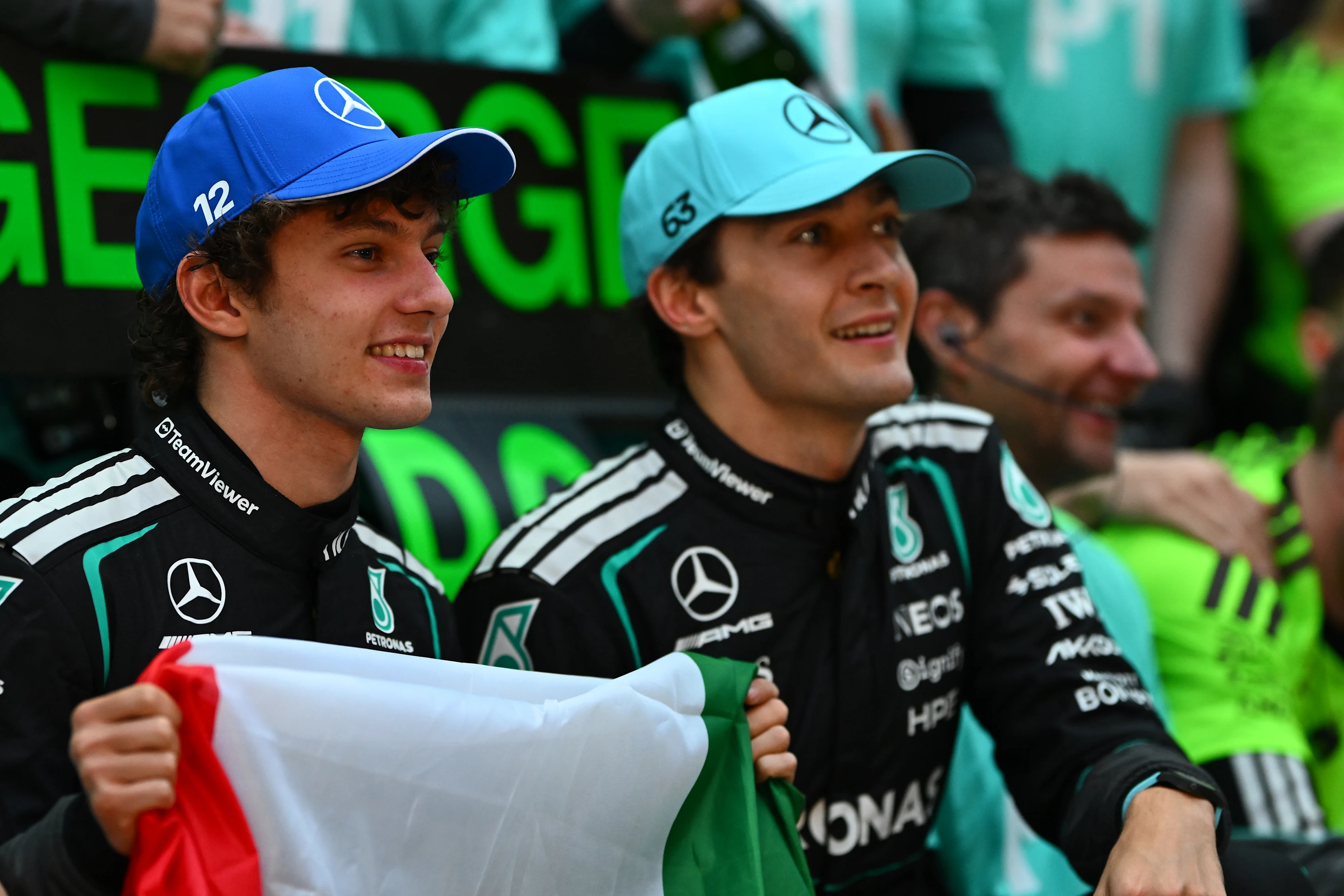 SHANGHAI, CHINA - MARCH 15: Race winner Andrea Kimi Antonelli of Italy and Mercedes AMG Petronas F1